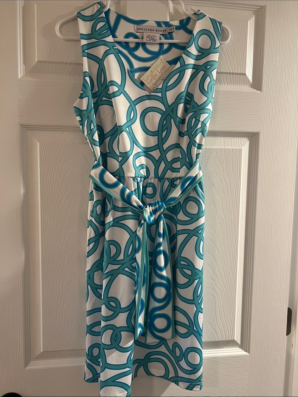 Gretchen Scott Designs White Dress with Teal Loop Print and Tie Waist